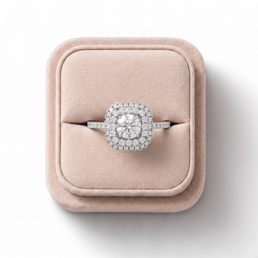 0.95 CT Double Halo Accent Lab Grown Diamond Ring, on a white background
