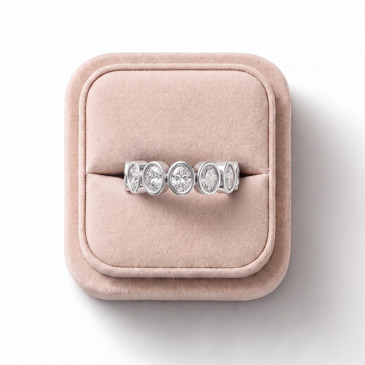 0.95 CT Oval Bezel Half Eternity Lab Grown Diamond Ring, on a white background