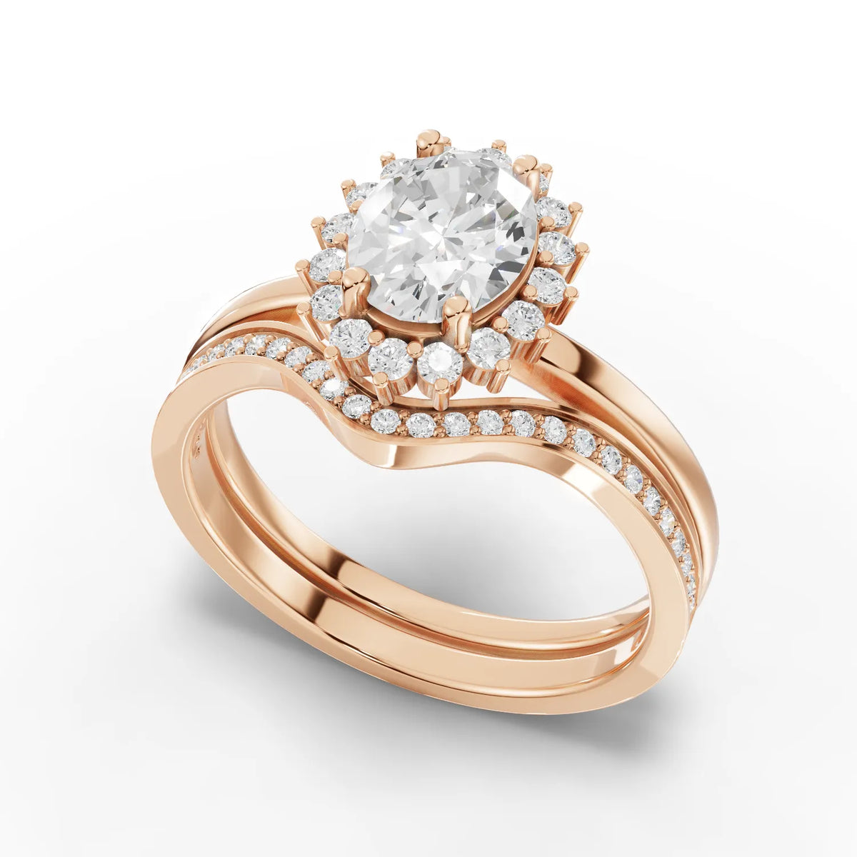 Oval halo twin ring rose gold angle