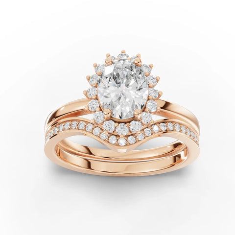 0.96 CT Oval Halo Lab Grown Diamond Bridal Set in rose gold, top view