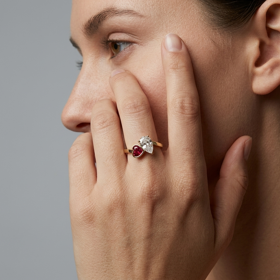 1.35 Ct Pear With Heart Ruby Bypass Ring 1.00 Ct Center