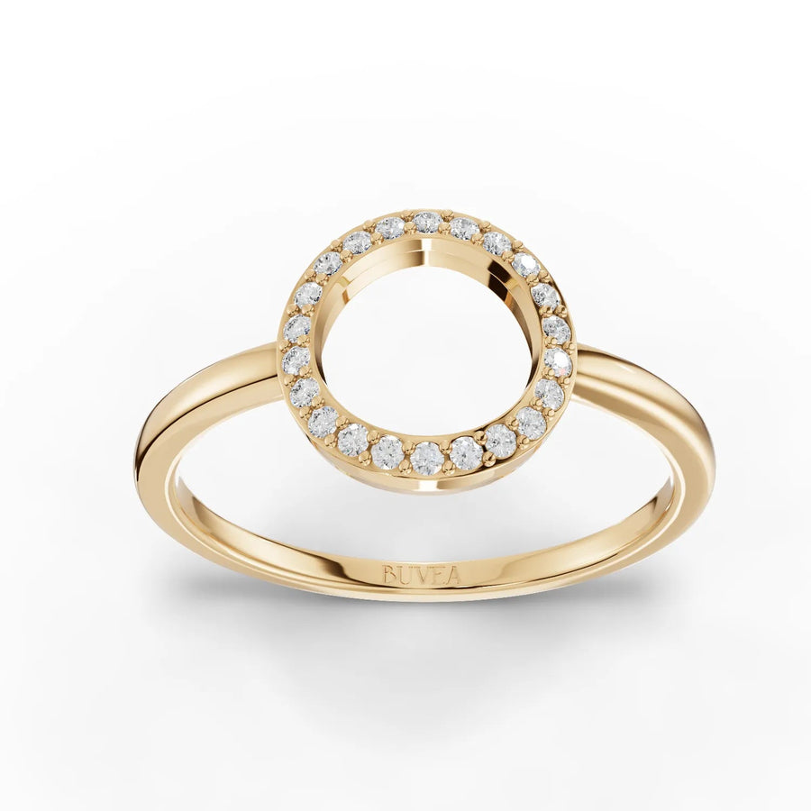 Open circle pavé diamond ring yellow gold top view