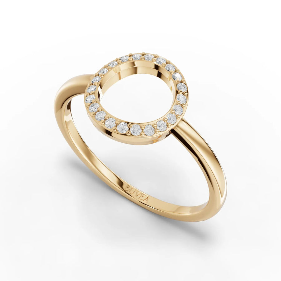 Pavé circle motif ring yellow gold angled profile