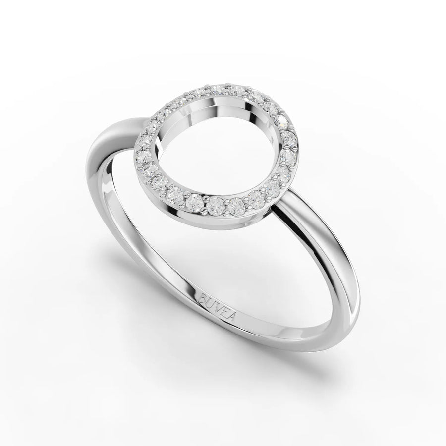 Pavé circle motif ring white gold angled profile