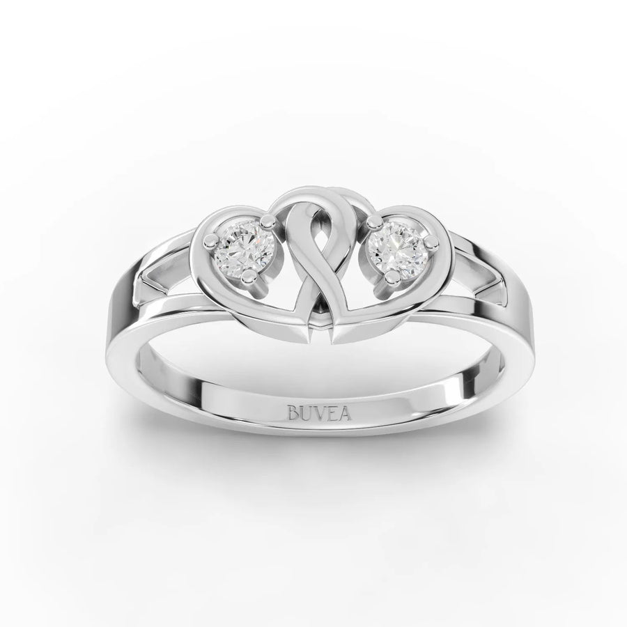 0.14 CT dual heart lab diamond ring in 18K gold with two round diamonds in interlinked open heart settings
