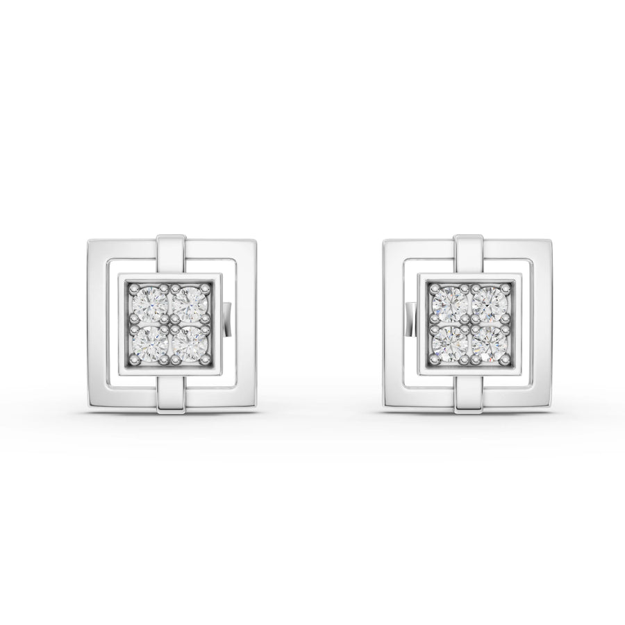 0.21 ct round lab diamond square stud earrings with four-stone cluster, double square frame, and screw back design