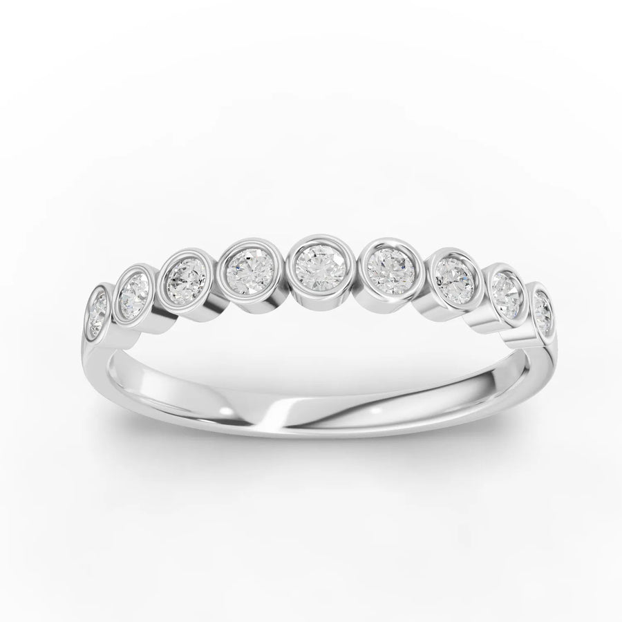 0.20 ct round bezel half eternity lab-grown diamond band with low-profile round diamonds in a sleek wedding ring design