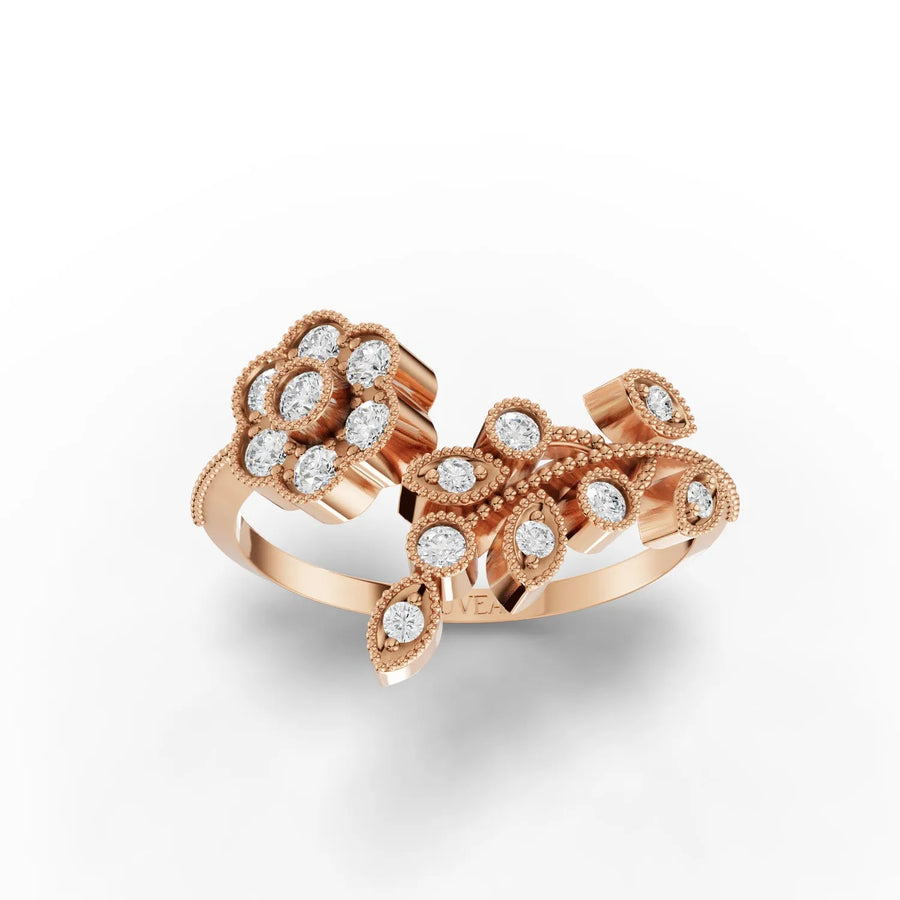 Open floral motif lab-grown diamond ring rose gold top view