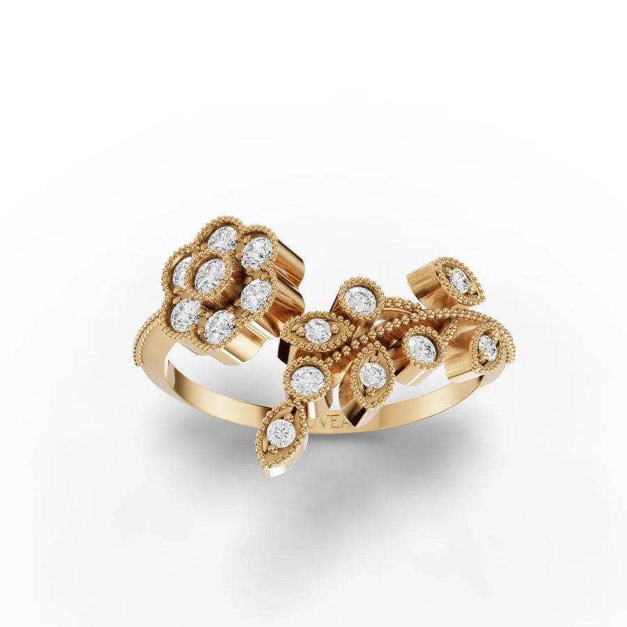 Open floral motif lab-grown diamond ring yellow gold top view