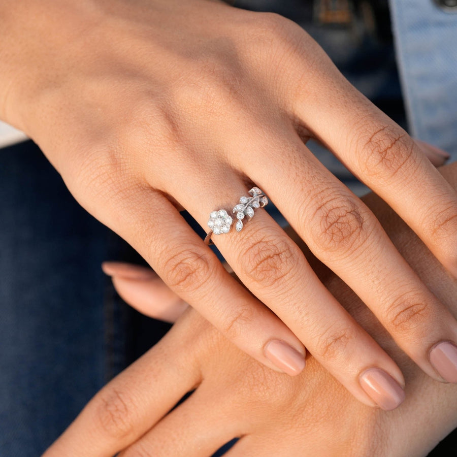 0.29 CT open floral motif lab-grown diamond ring worn on hand