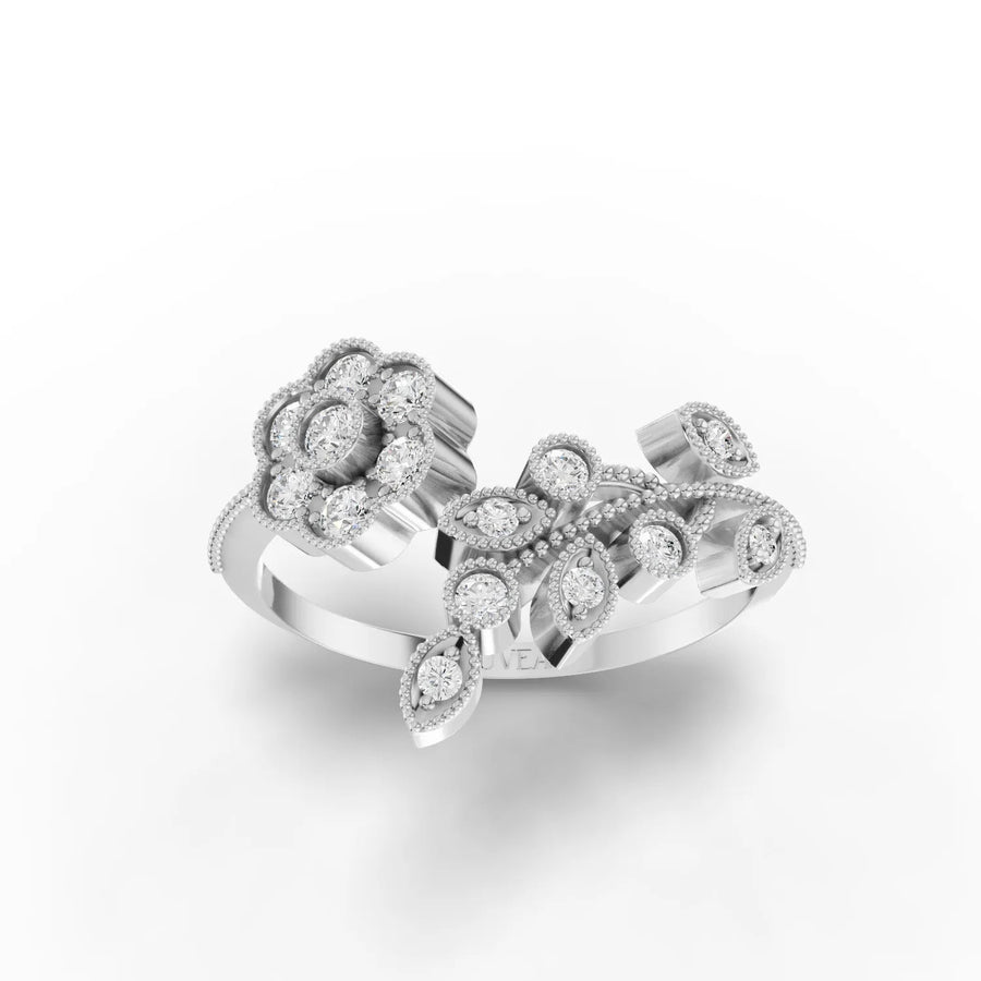 0.29 CT floral motif lab diamond open ring in 18K gold with round cluster and pear-shaped branch design