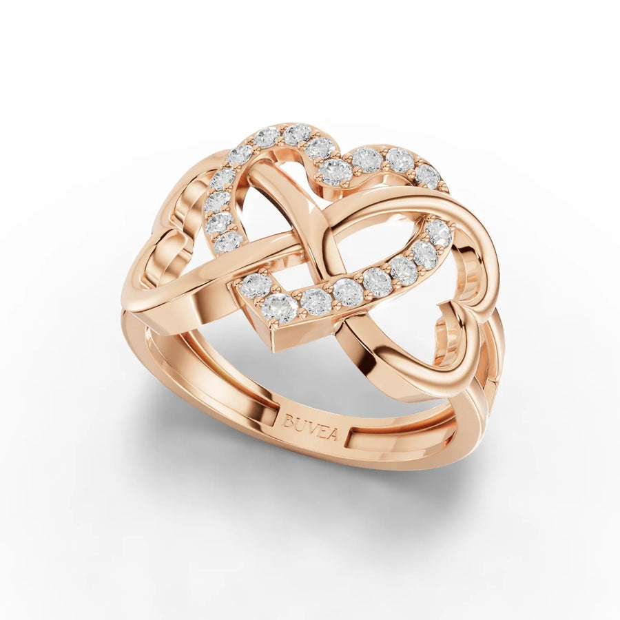 Interlinked heart ring rose gold angled profile