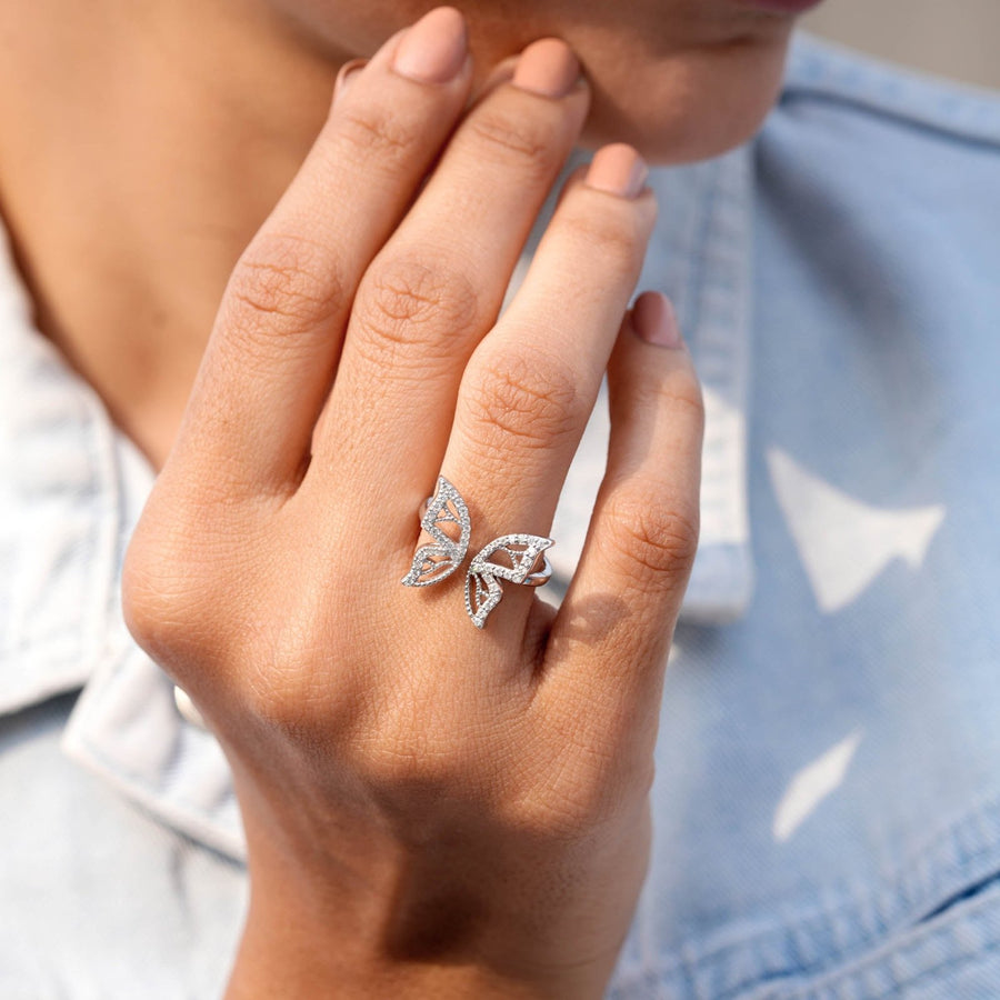 0.31 CT butterfly motif lab-grown diamond ring worn on hand