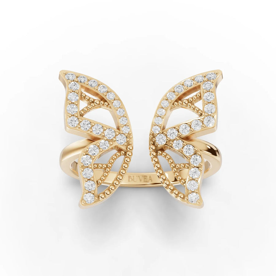 Butterfly motif lab-grown diamond ring yellow gold top view