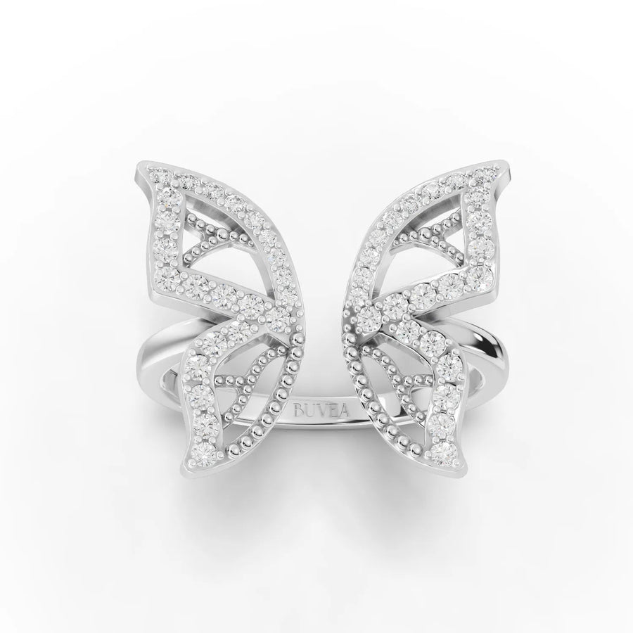 0.31 CT butterfly motif lab diamond open ring in 18K gold with round pavé-set diamonds and openwork wings