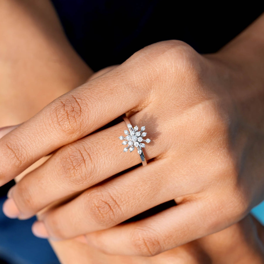 0.33 CT snowflake motif lab-grown diamond ring worn on hand