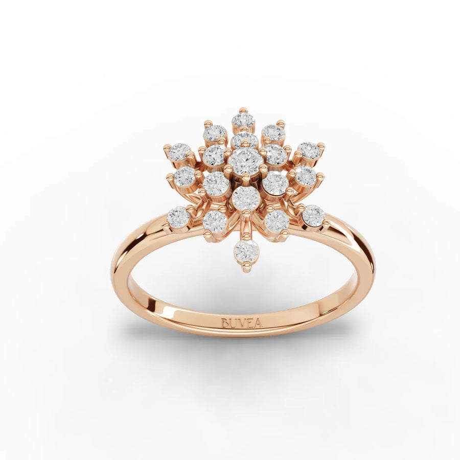 Snowflake motif lab-grown diamond ring rose gold top view