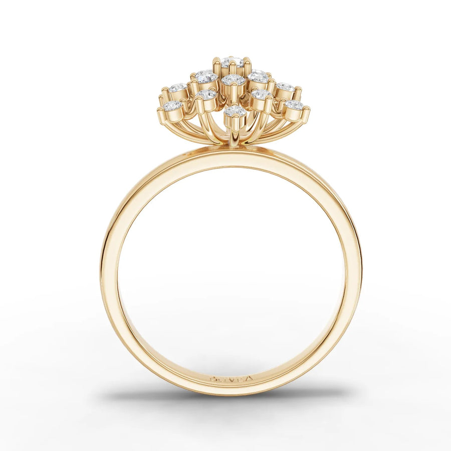 Yellow gold snowflake diamond ring close-up