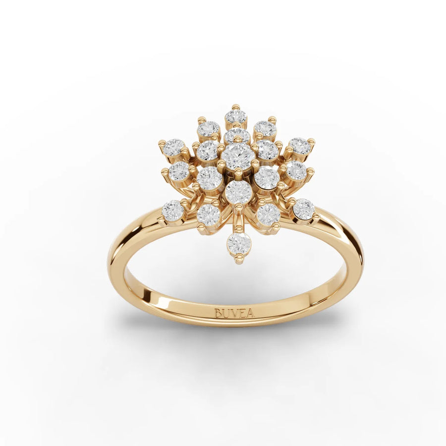 Snowflake motif lab-grown diamond ring yellow gold top view
