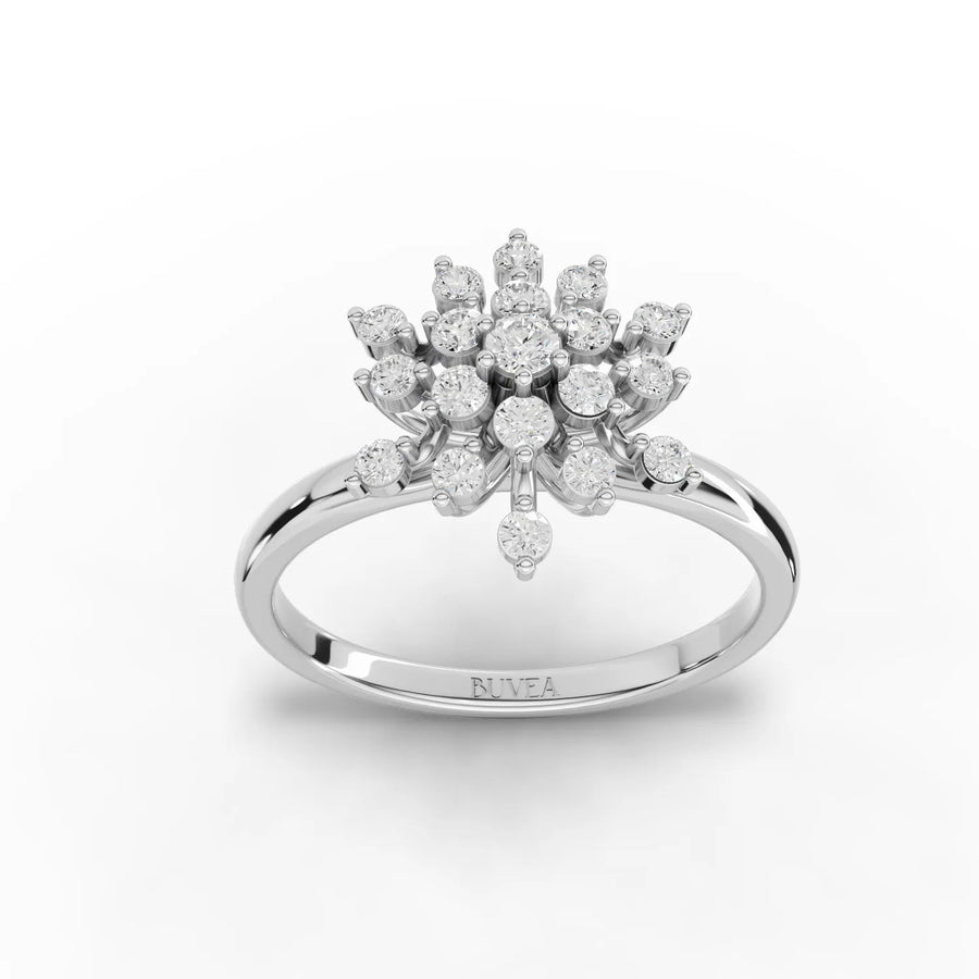 0.33 CT snowflake-inspired lab diamond ring in sterling silver with round center stone and radial cluster accents