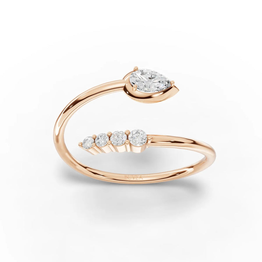 Open-band pear and round diamond ring rose gold top view