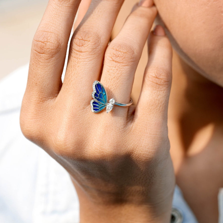 0.36 CT butterfly motif lab-grown diamond ring worn on hand