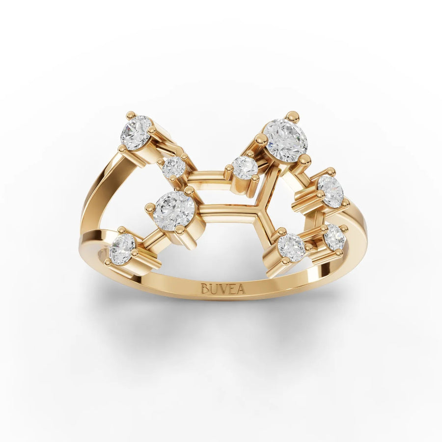 Virgo constellation ring yellow gold front view