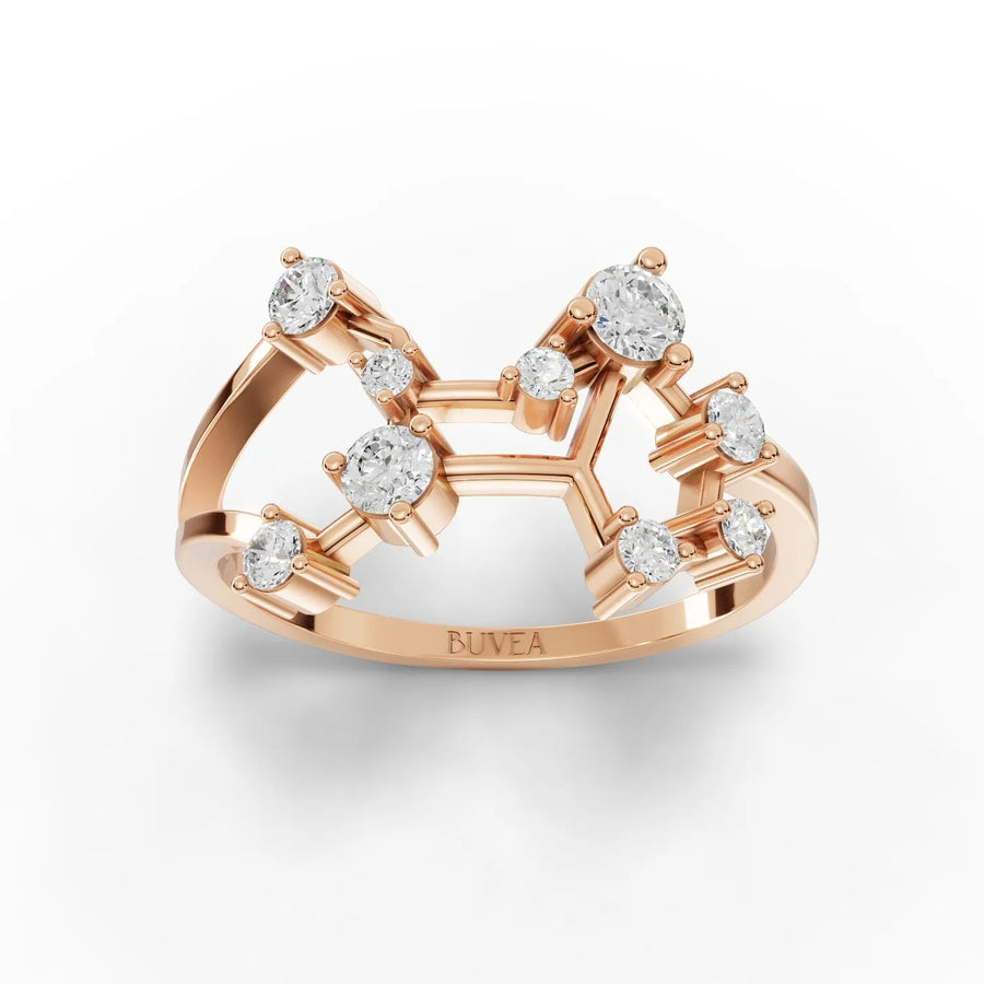 Virgo constellation ring rose gold front view
