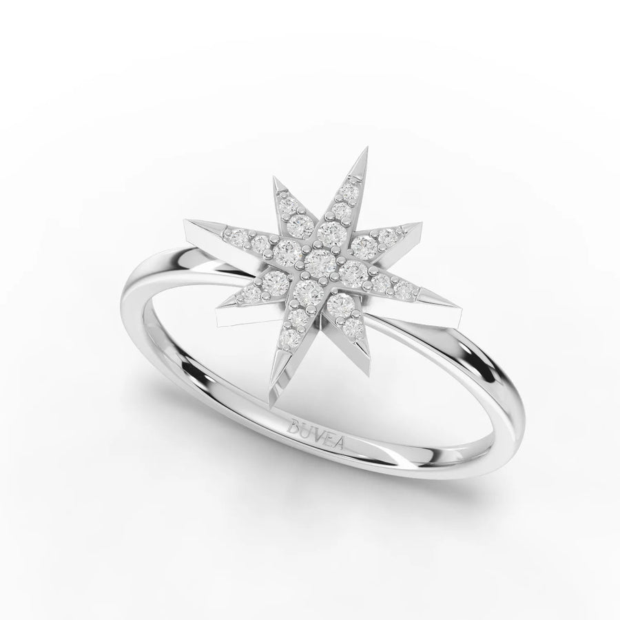 Eight-point star diamond ring white gold angled profile