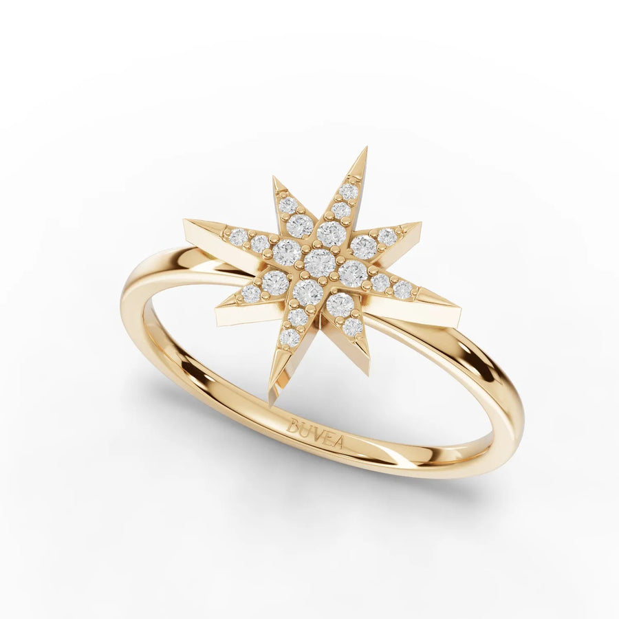 Star motif diamond ring yellow gold top view