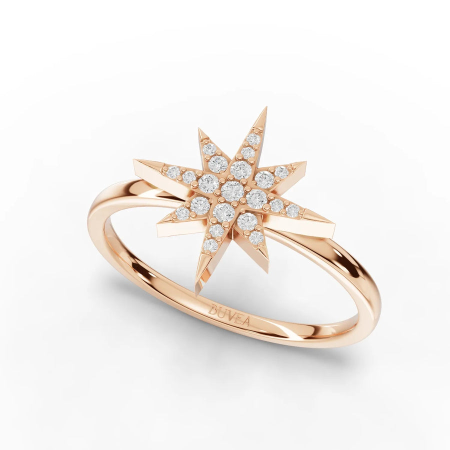Eight-point star diamond ring rose gold angled profile