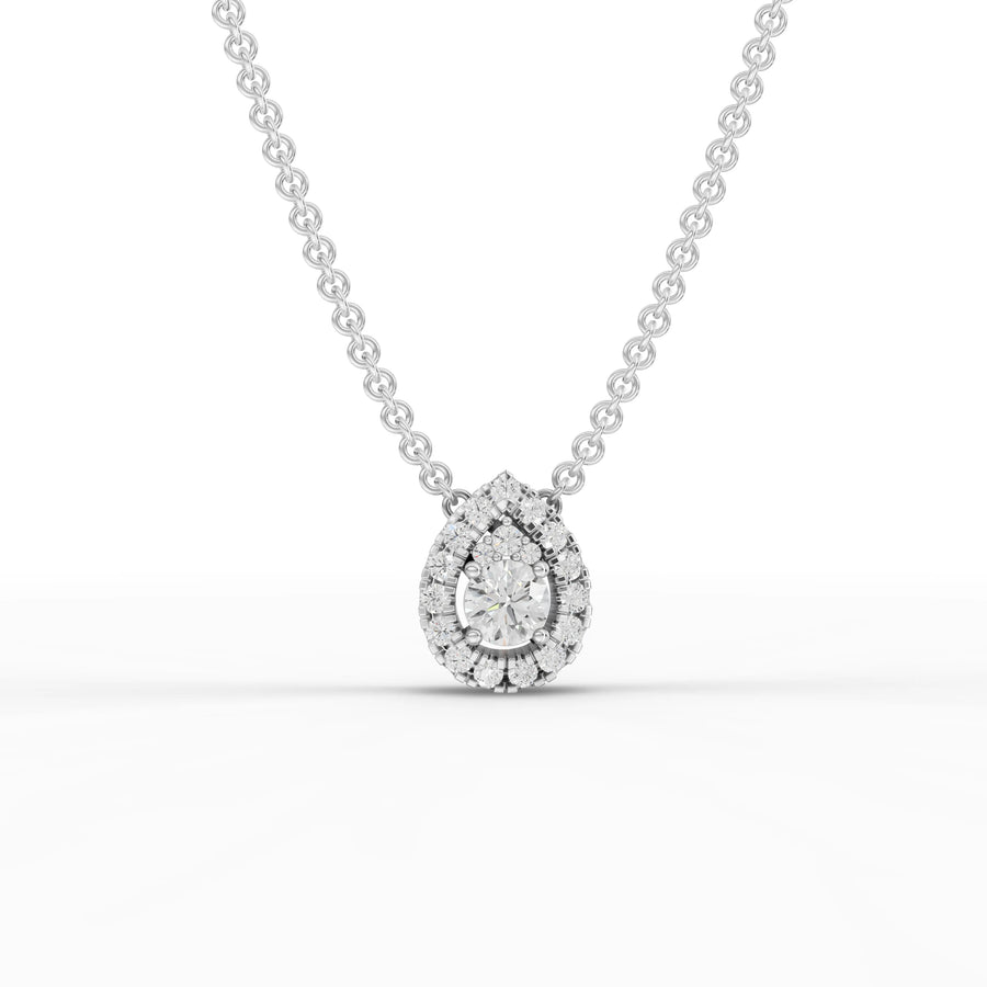 0.32 ct pear halo lab grown diamond pendant necklace with round center stone and double halo design