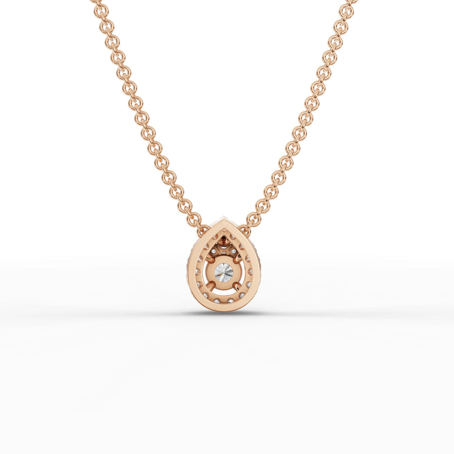Pear halo lab-grown pendant rose gold close-up