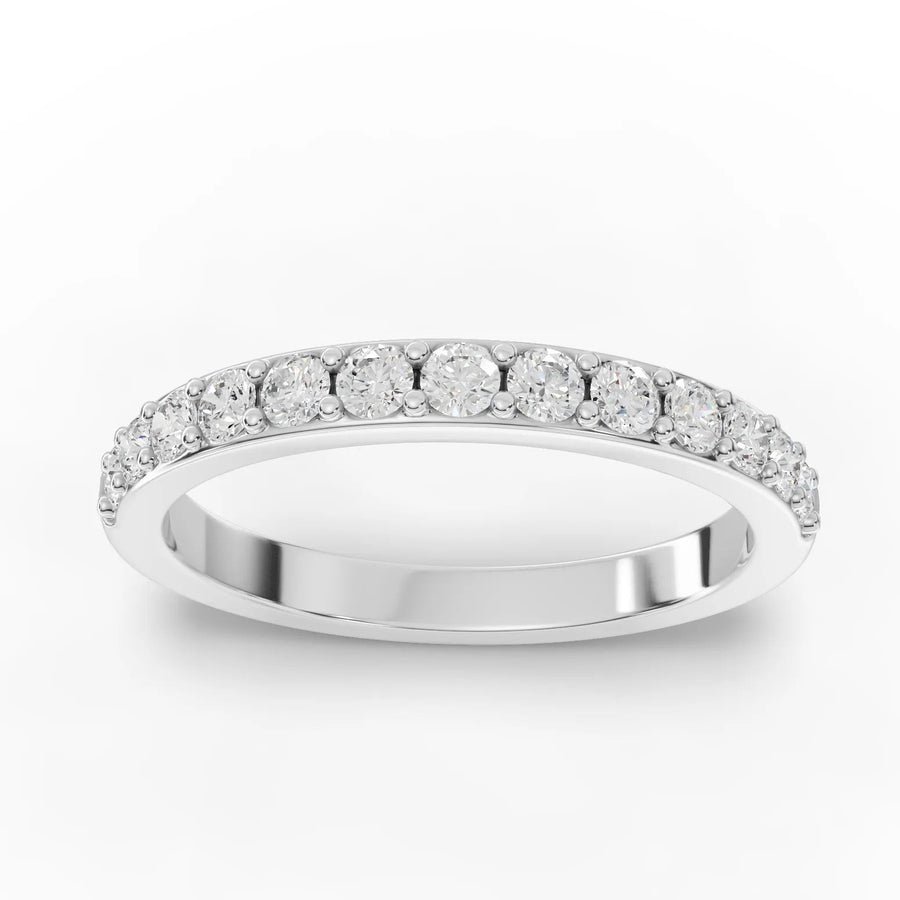 0.46 CT round lab-grown diamond half eternity wedding ring with round brilliant diamonds across the top of the band