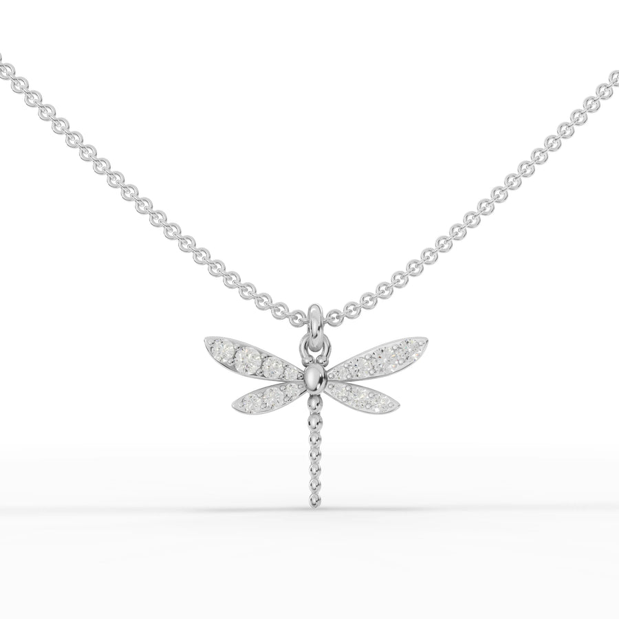 0.33 CT lab grown diamond dragonfly pendant with elongated wings in 18k gold on a fine link chain