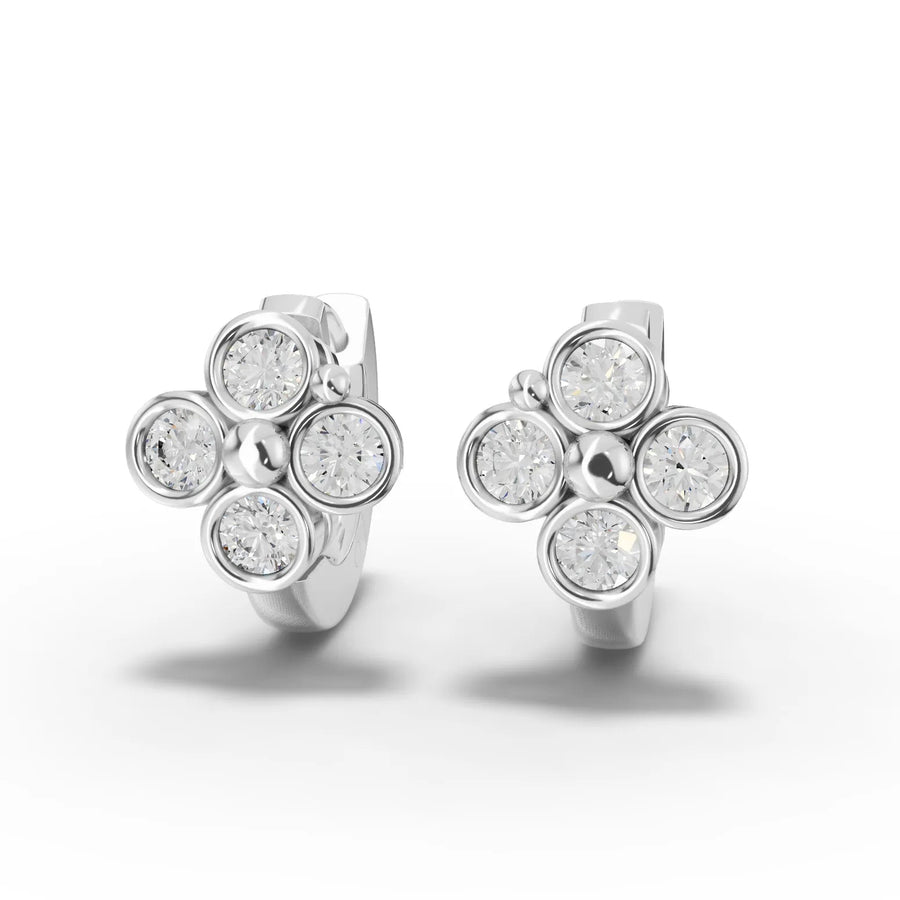 0.46 ct round cluster lab grown diamond huggie earrings with floral design and close-fitting polished hoop