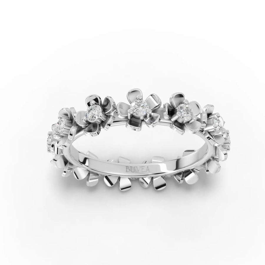 0.49 CT lab diamond floral eternity ring in 18K gold with round diamonds and full eternity band design