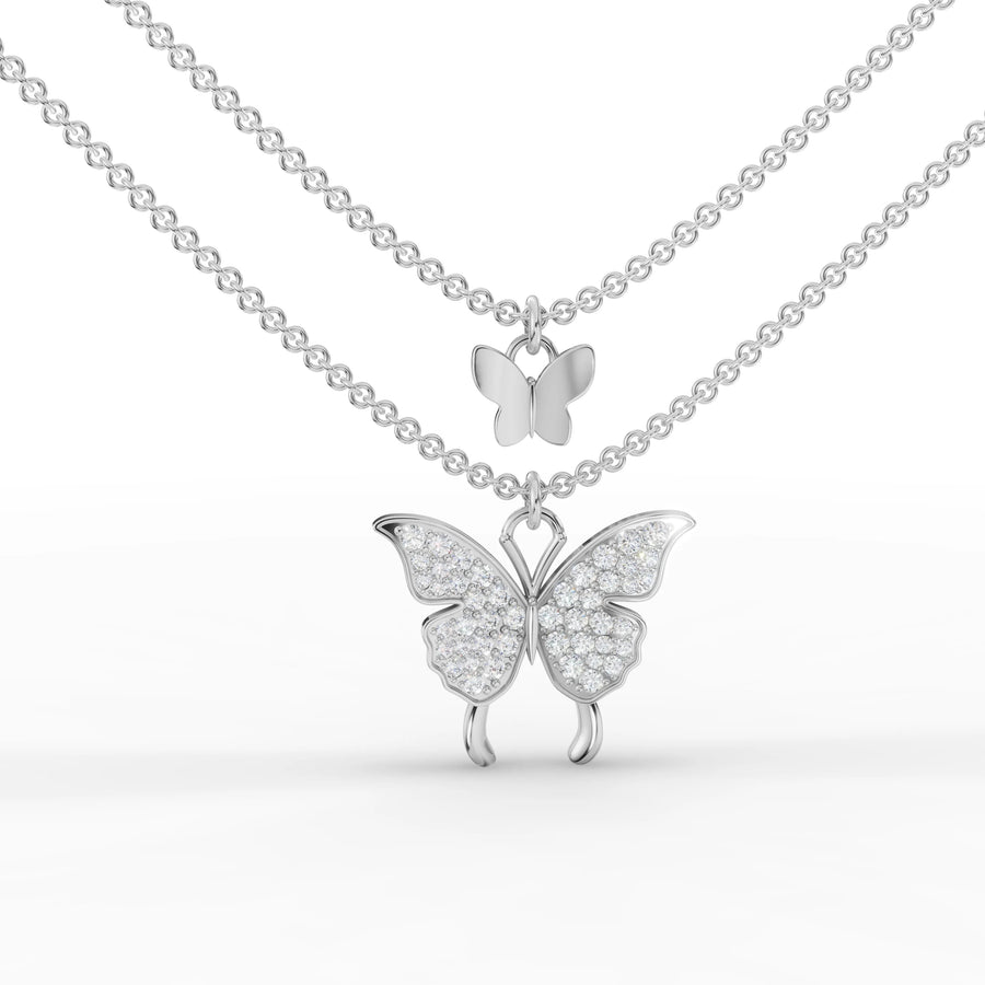 0.39 CT double butterfly lab grown diamond pendant in 18K gold with layered motifs and round micro prong set stones