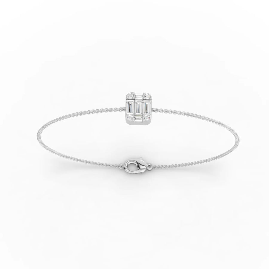0.56 CT lab grown diamond bracelet with square baguette center, round accents, and 18K rose gold beaded chain