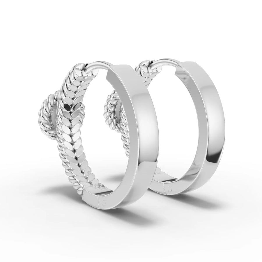 White gold rope diamond huggie earrings close-up