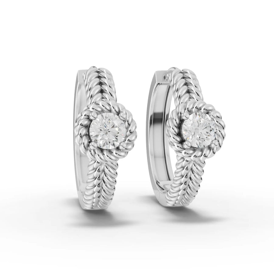 0.48 ct round lab grown diamond rope huggie earrings with twisted textured bands and central round diamonds
