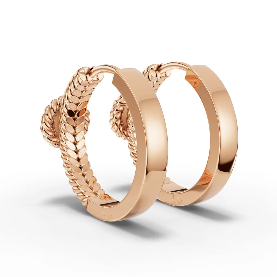Rose gold rope diamond huggie earrings close-up