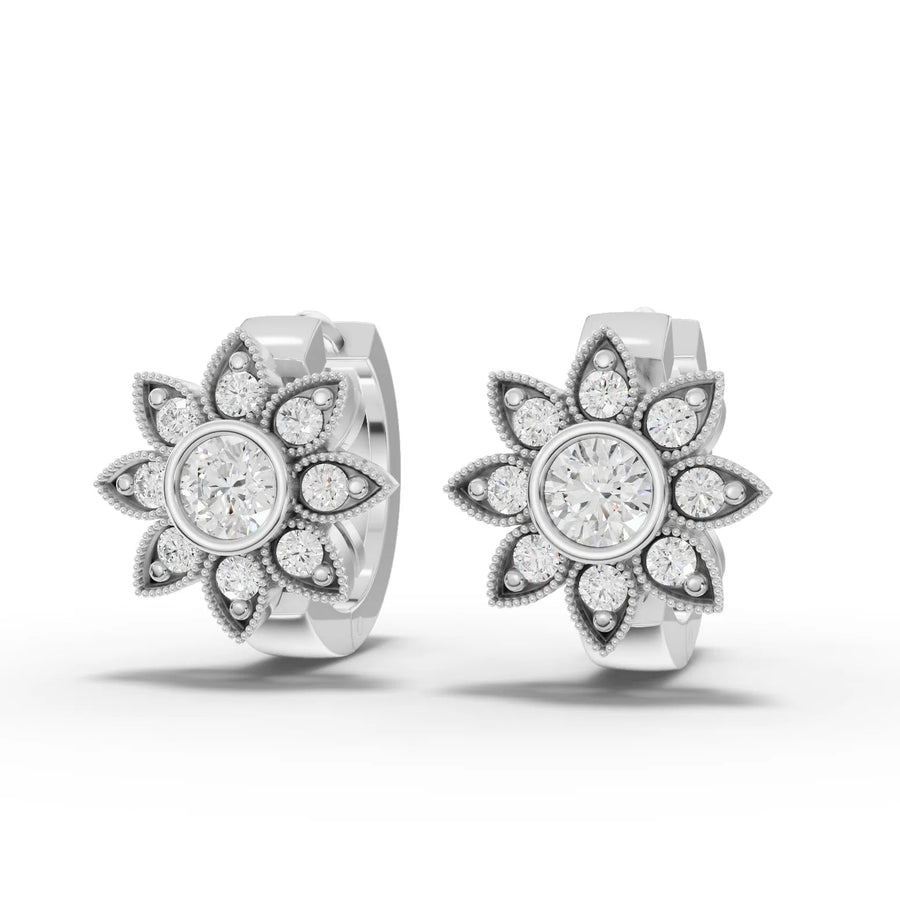 0.62 ct floral lab grown diamond huggie earrings with round diamond cluster design and close-fit setting