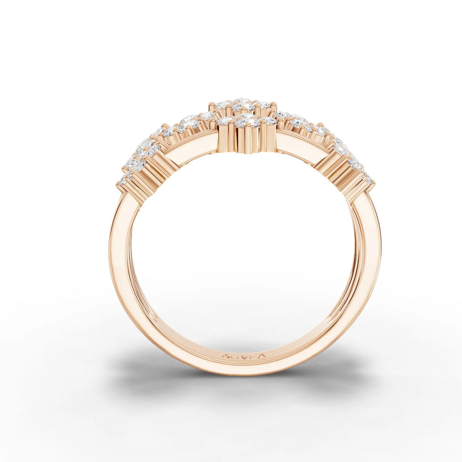 Triple-row diamond ring rose gold angled profile