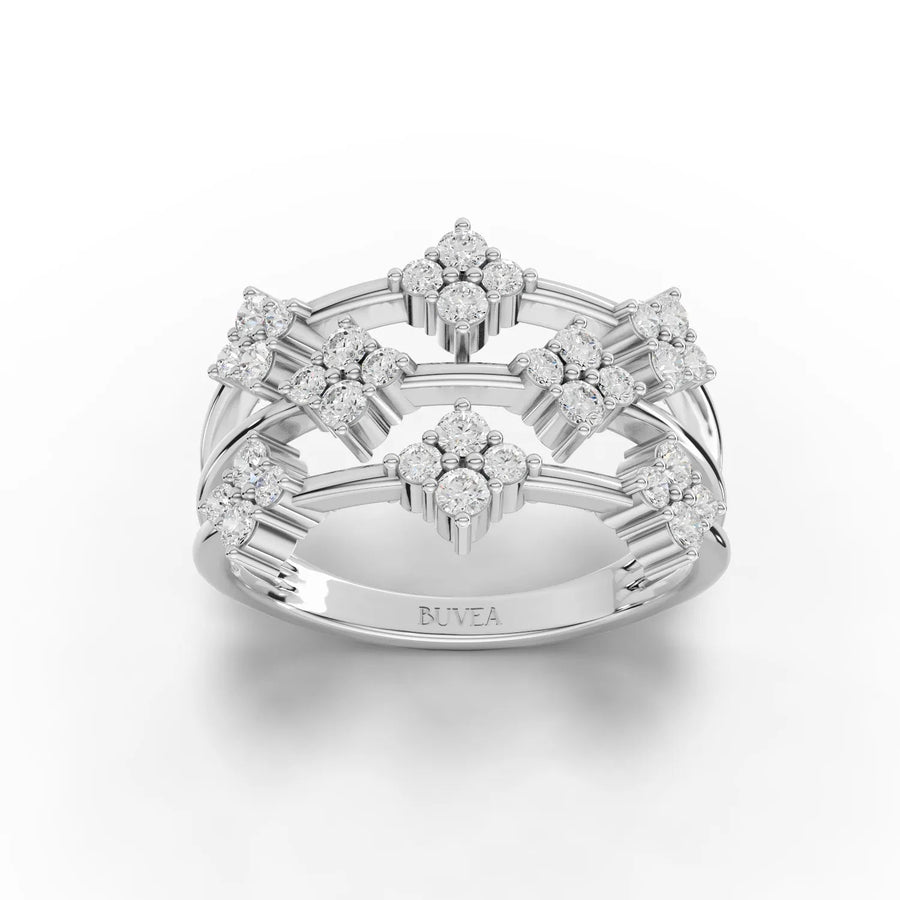 0.62 CT lab grown diamond triple row cluster ring in 18K gold with round four-stone floral clusters