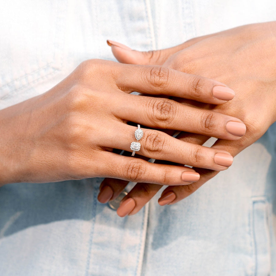 0.77 CT two-stone open lab-grown diamond ring worn on hand