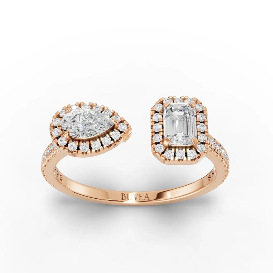 Two-stone open lab-grown diamond ring rose gold top view