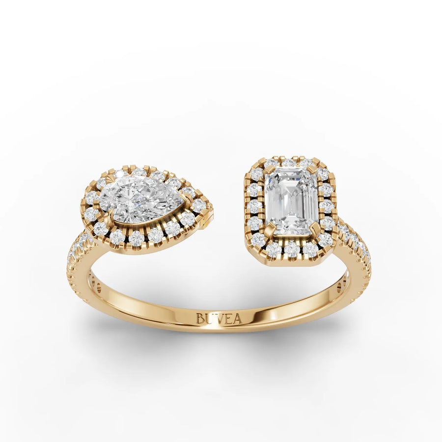 Two-stone open lab-grown diamond ring yellow gold top view