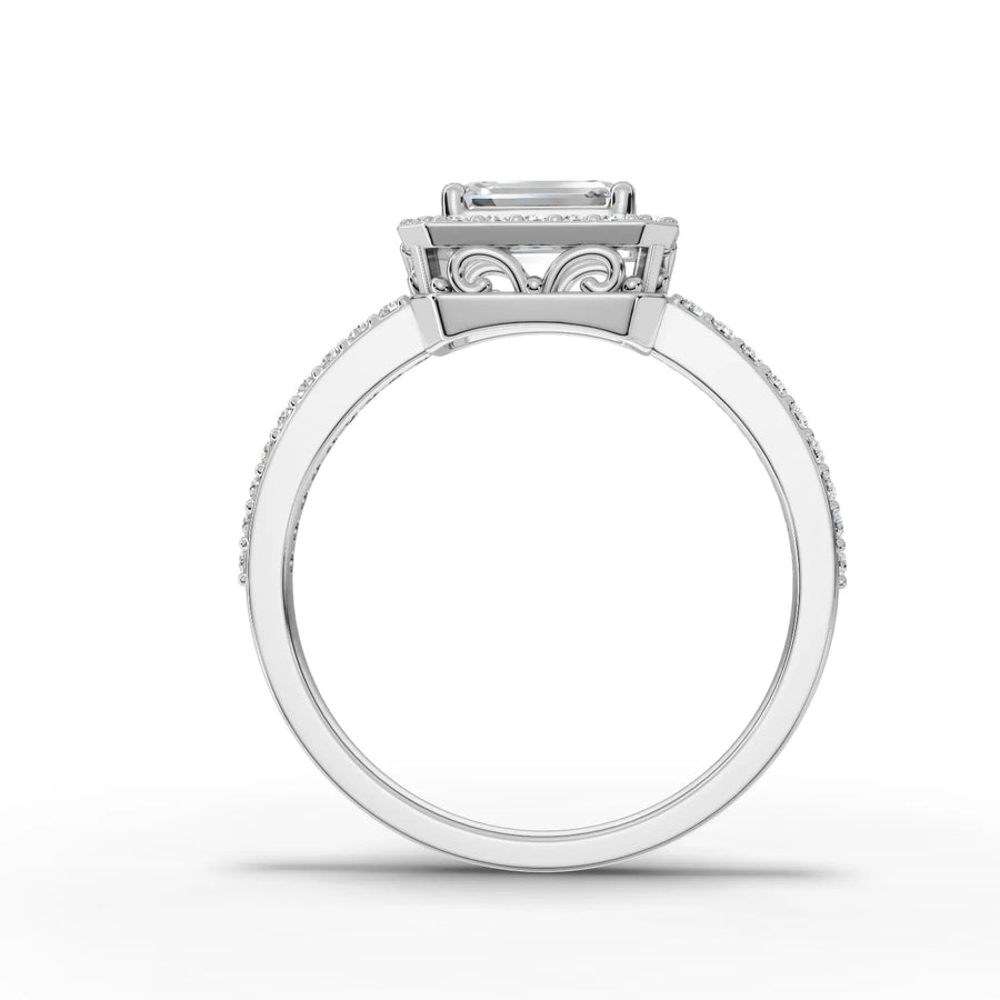 Emerald lab-grown halo ring white gold close-up