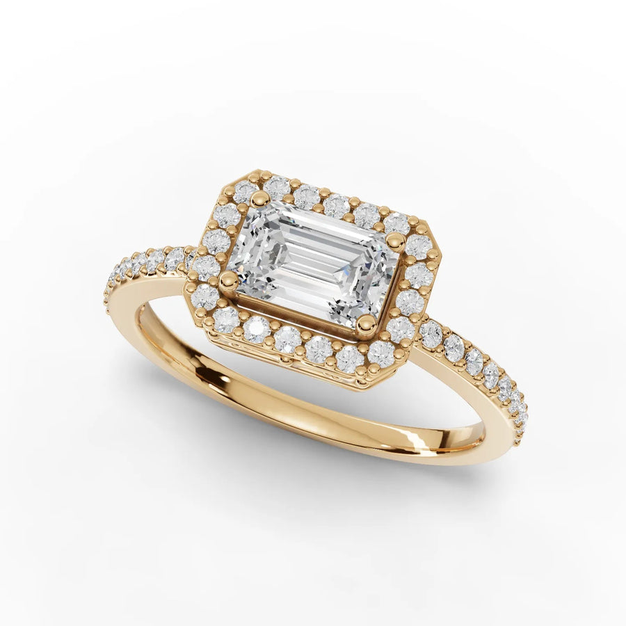Emerald halo ring yellow gold angle